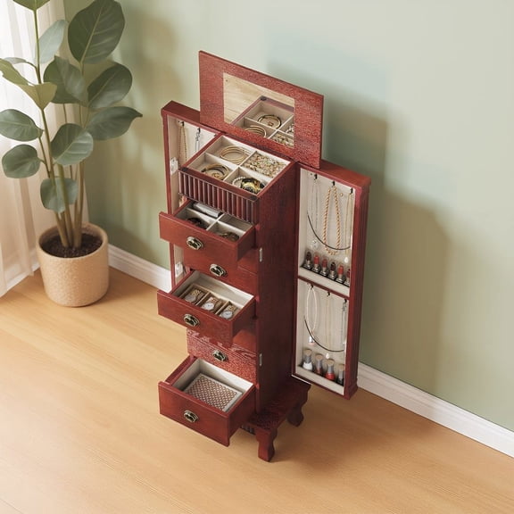 Resenkos Wooden Jewelry Armoire Cabinet, Storage Chest with Drawer Swing Door for Jewelry Organizer, Brown