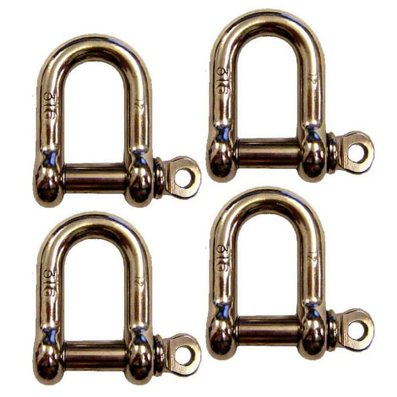 5/16" Screw Pin D Shackle Stainless Steel - 4 Pack