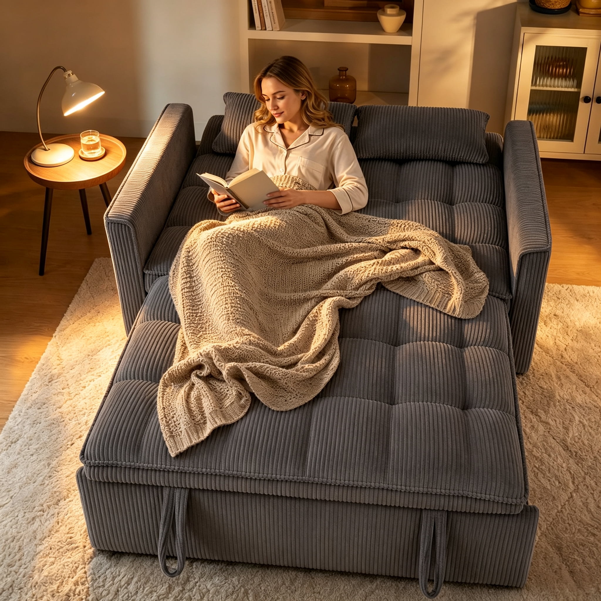 Scolyk 54" 3 in 1 Convertible Sleeper Sofa Bed, Corduroy Loveseat Couch Bed Sofa Pull Out with 5-Position Adjustable Backrest, Storage Pockets, Lumbar Pillows for Living Room, Dark Gray