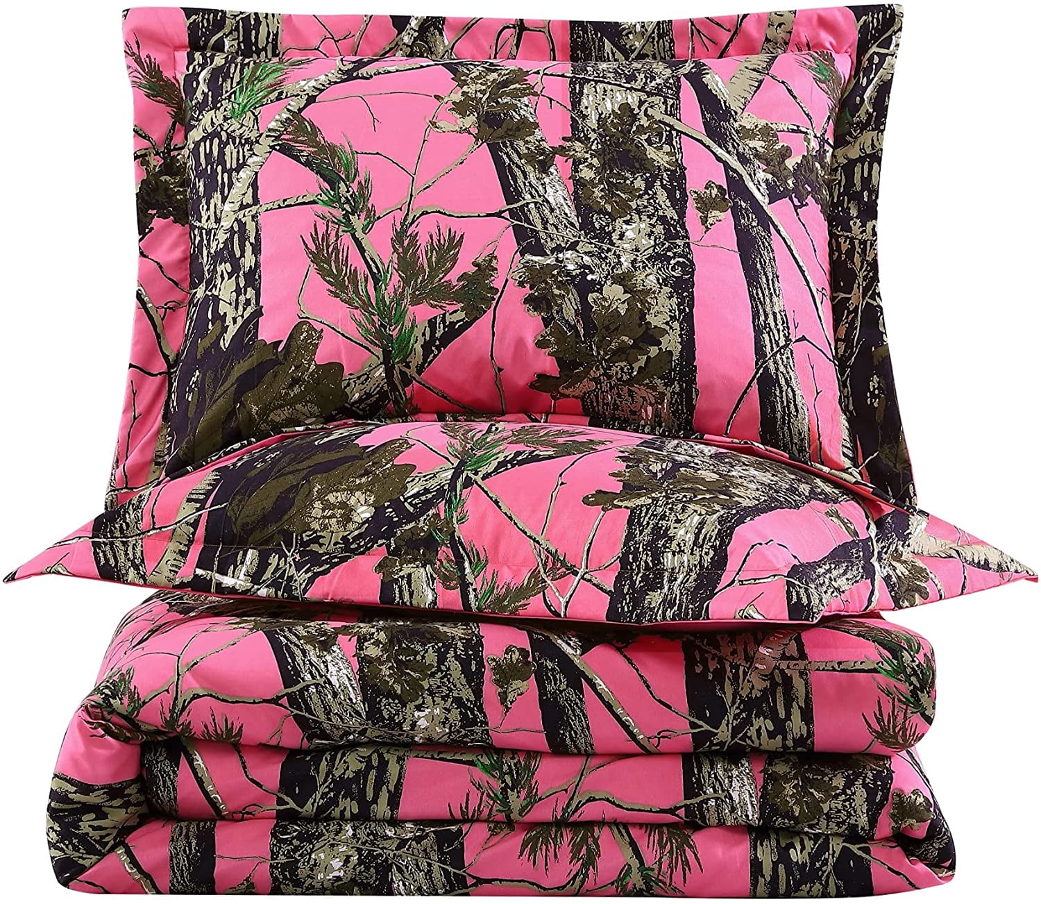 Chezmoi Collection Salem 2-Piece Cabin Lodge Forest Woods Comforter Set, Nature Camo Tree Leaves Printed Soft Microfiber Bedding, Pink, Twin