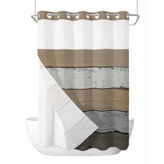 No Hook Cloth Fabric Shower Curtain with Snap in Liner, Brown Wood Grain Waterproof Shower Curtains Set with See Through Top Window, Vintage Grey Stripe Gradient Grain Bath Curtains Shower 60"x72"