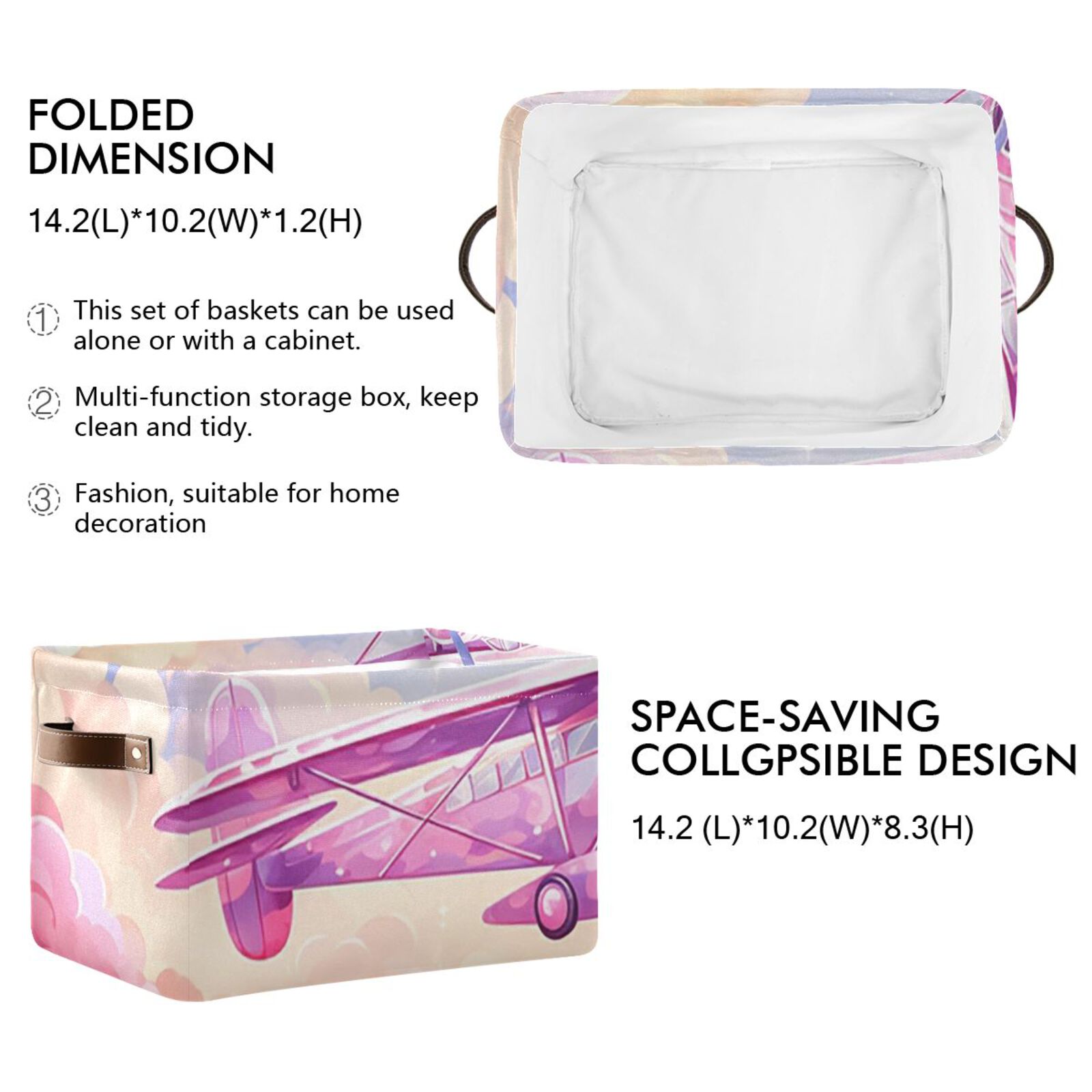 Aircraft Clouds Pink Airplane Storage Bins Baskets With Handles Storage Box Clothes Organizer Organization Toys