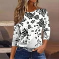 thumbnail image 2 of Women's T-Shirts Plus Size 3/4 Length Sleeve Casual Printed Crewneck Blouse Lightweight Tunic Tops Black L, 2 of 6