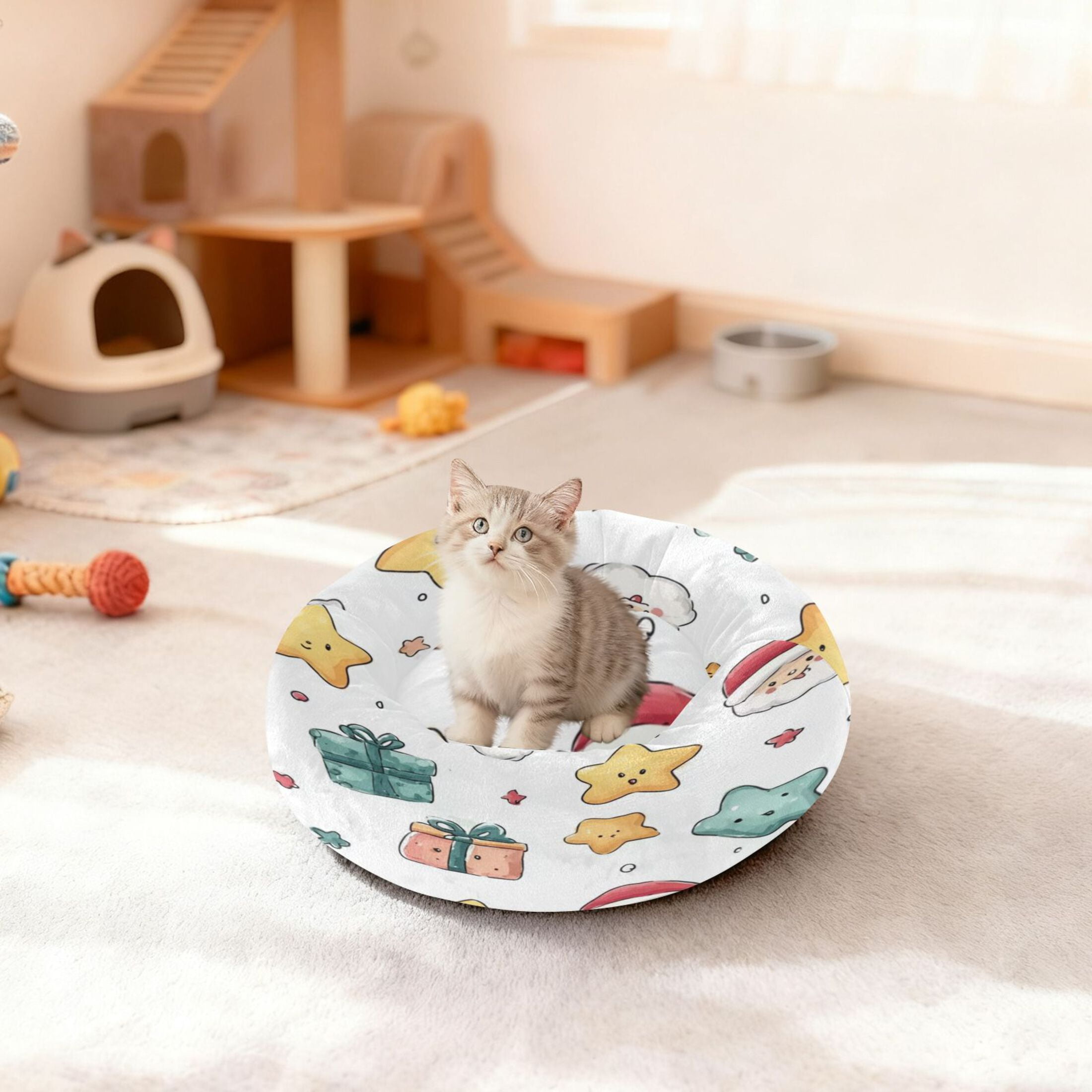 Iauyy Pet Couch Donut Cat Bed for Indoor Cats/Small Dogs Washable & Machine with Non-slip Bottom Calming Cat Furniture, Cartoon Face (M)