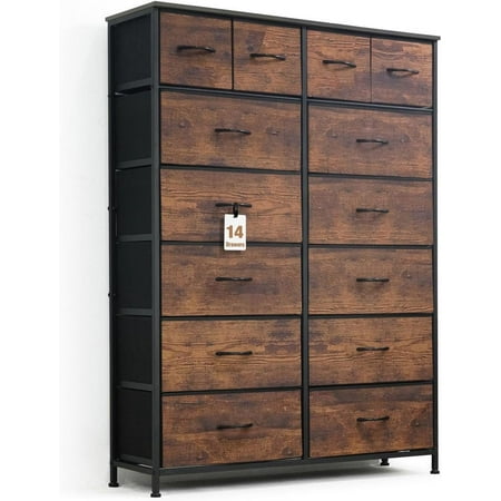 CAPHAUS Drawer Storage Tower w/ 14 Fabric Bins Office Drawer Sorting Unit Chest of Drawers Organizer w/ P2 Board Top & Fabric Bins Organizer Unit for Multi-purpose Hallway Office Rustic Oak