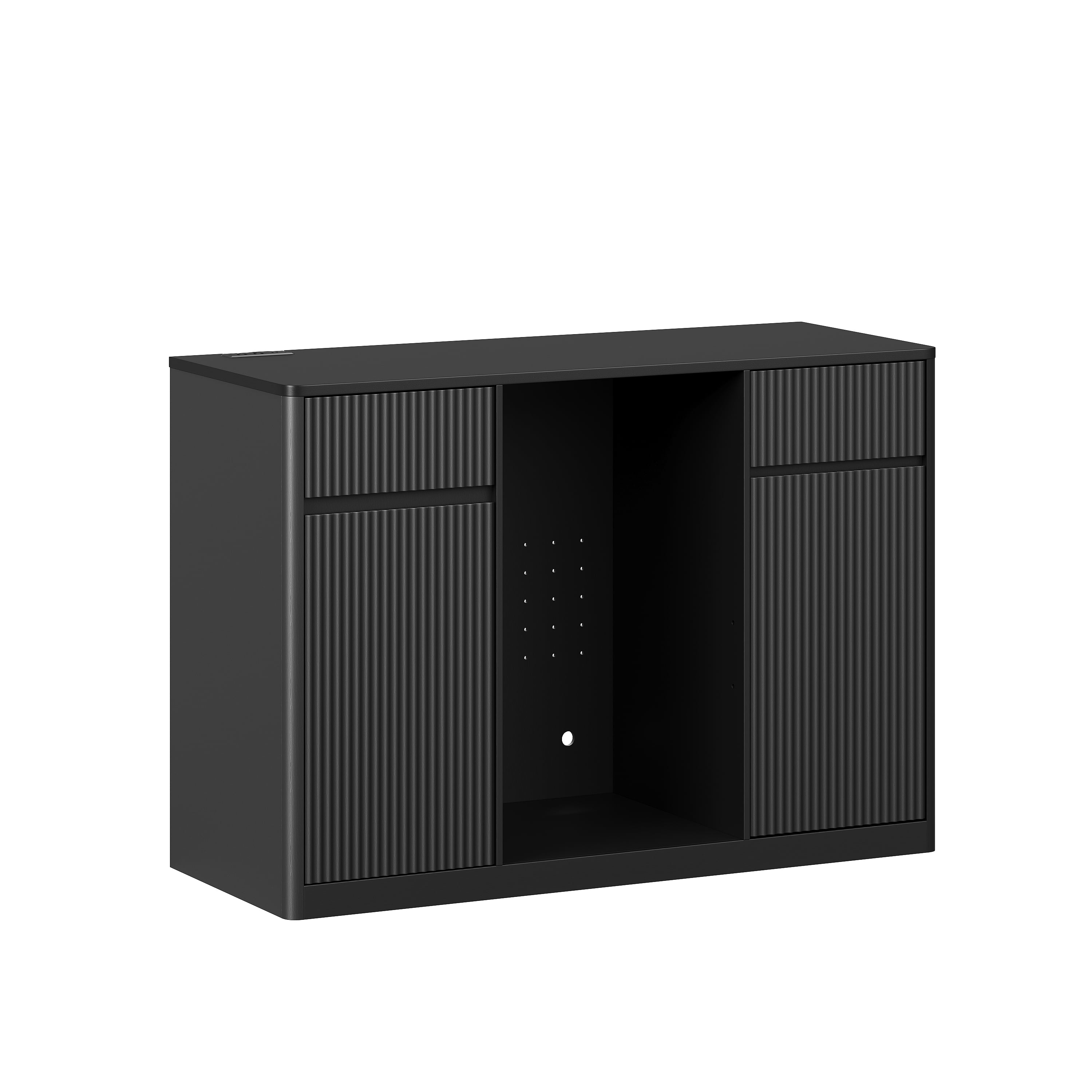 53.2 in Fluted Buffet Wine Cabinet with Mini Fridge Nook, Charging Station, Adjustable Shelves, Black