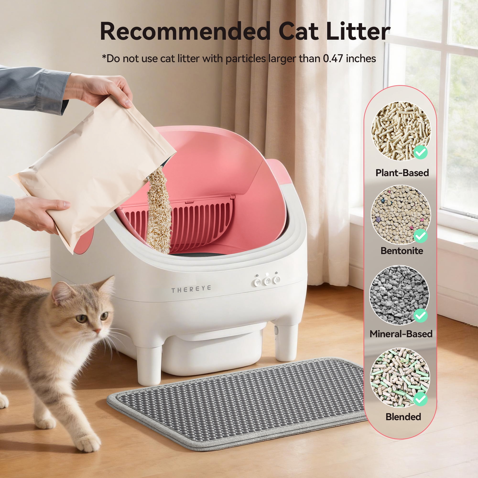 Osoeri Self Cleaning Cat Litter Box, Automatic Litter Box Self Cleaning ,Open Top Large Litter Box for Multiple Cats,with Safety Protection, APP Control,Odor Removal,Mat and Waste Bags Included, Pink
