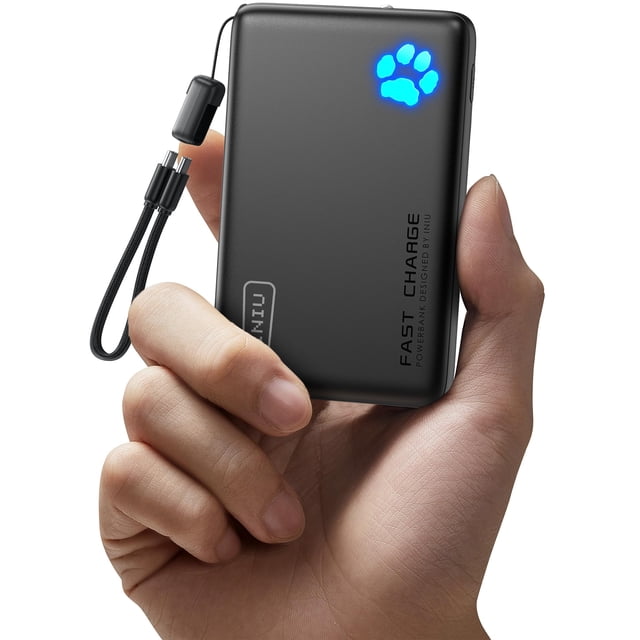 INIU 45W Power Bank, Slimmest 10000mAh Bateria Portatil with Attached USC C Cable, Cargador Tipo C Carga Rapida, Pila Portatil para Viajar Compatible con iPhone 17 16 15 Series, Galaxy, Xiaomi, iPad