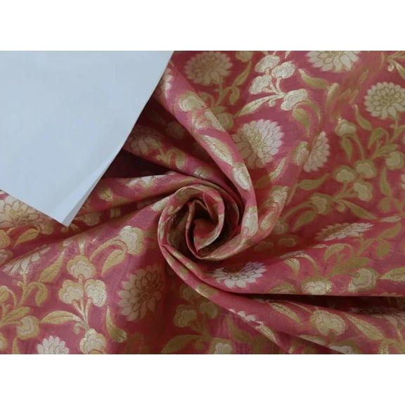100% cotton brocade fabric peach with gold metallic floral color 44" wide BRO867[1]