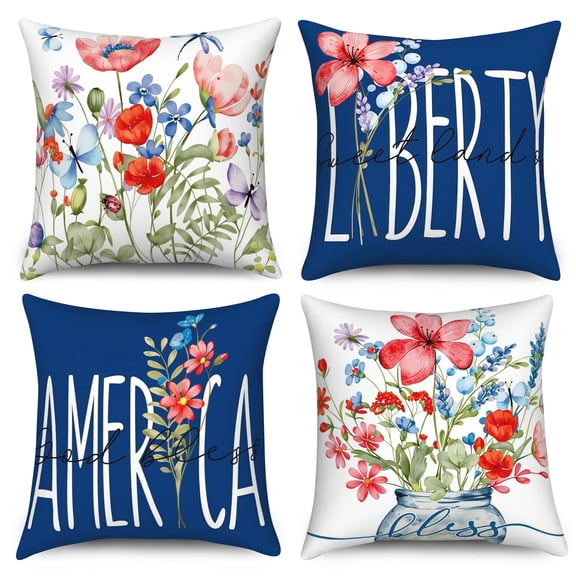 4th of July Patriotic Pillow Cover 16x16 Inch,Set of 4 Garden Flowers Spring Cushion Cases for Couch Sofa Bed Home Decor