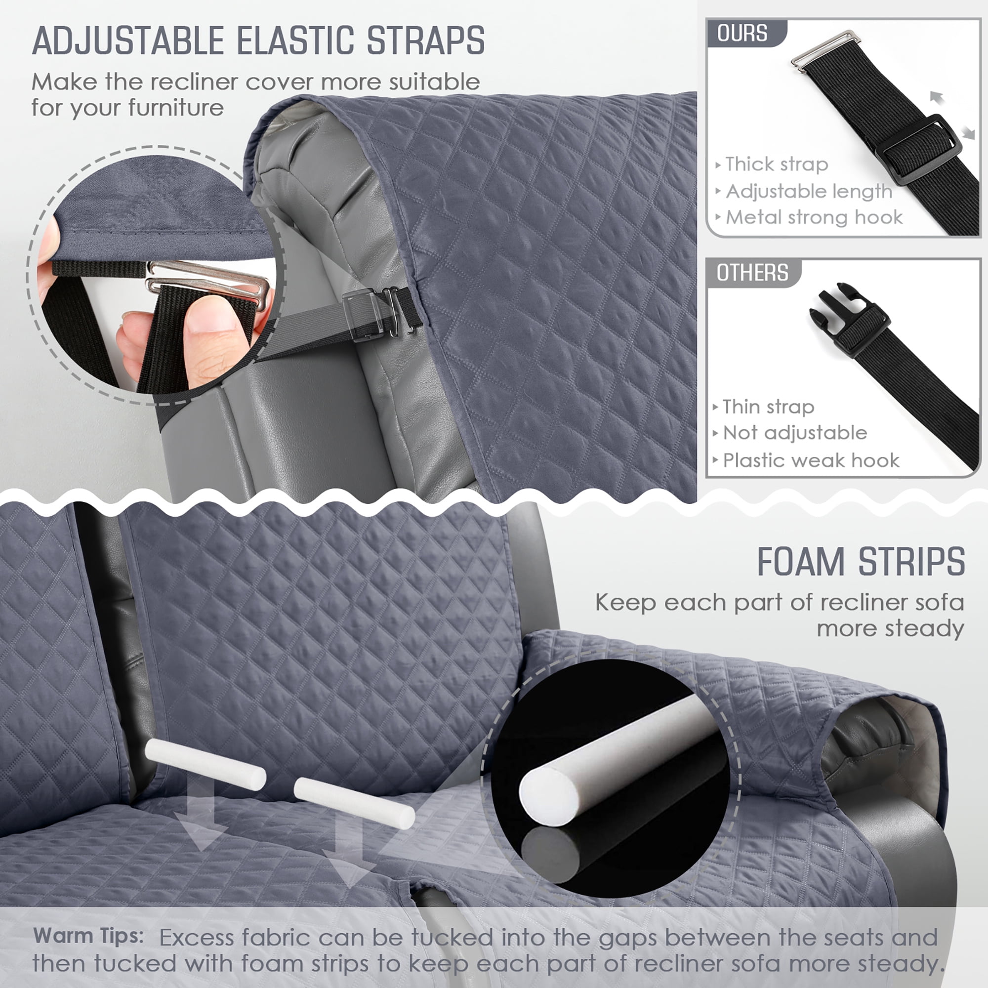 TAOCOCO Anti-Slip Recliner Sofa Cover, Reclining Couch Slipcover for 3-Seater Recliner Sofa Bluish Grey