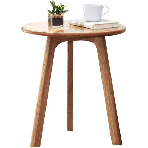 Round Side Table - 100% Natural Solid Oak Wood - 3 Legs Wood End Table for Living Room - Easy Assembly, Elegant Round End Table - Eco-Friendly Painted Small Side Table (Colour: Natural)