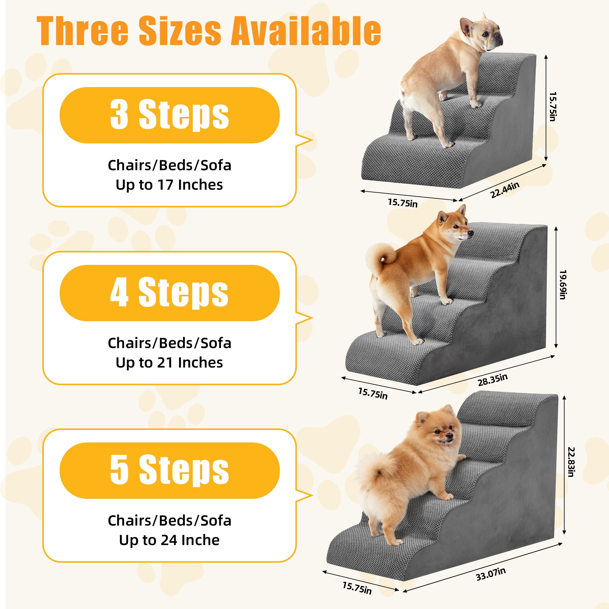 Gianna 17" Dog Stairs for Bed, 3-Step Non-Slip Pet Steps for Small Dogs and Cats, Indoor, Grey
