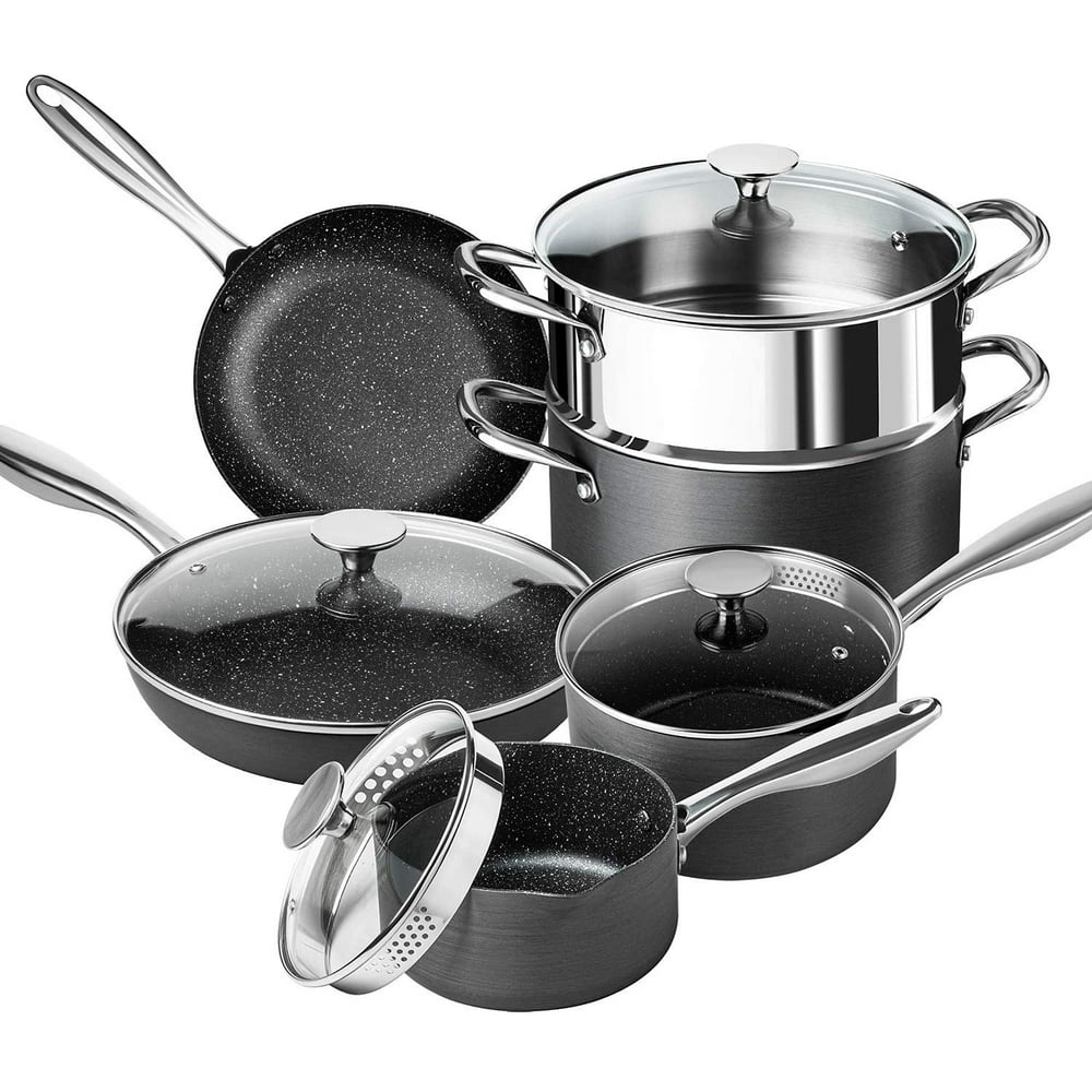 pots and pans set with straining lids