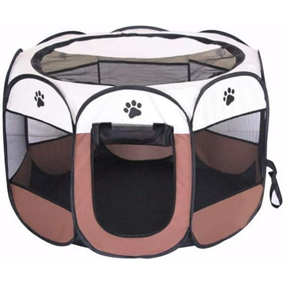 TJOUL Portable Pet Playpen, Dog Playpen Foldable Pet Exercise Pen Tents Dog Kennel House Playground for Puppy Dog Yorkie Cat Bunny Indoor Outdoor Travel Camping Use (Large, Coffee - Beige)