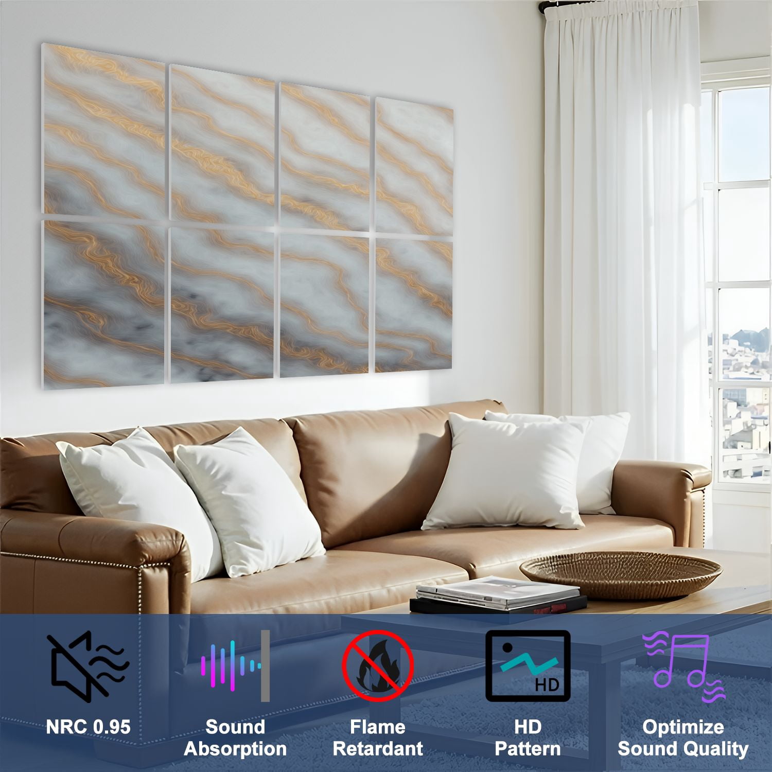 Modern Marble 8 Pack Art Acoustic Panels Sound Absorbing brown umber almond bronze buff beige taupe random marble Decorative Soundproof Wall Panels Self Adhesive for Nursery Game Room Bedroom 48"x32"