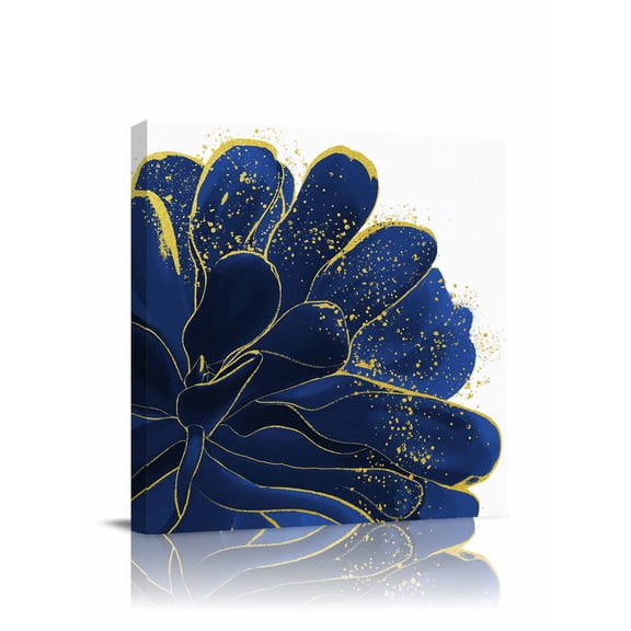 Canvas Print Wall Art Blue Gold Flower Deep Blue Gradient Vintage Abstract Line Framed Canvas Art Wall Decor Pictures Painting Morden Artwork for Living Room Bedroom, Ready to Hang, 8"x8"