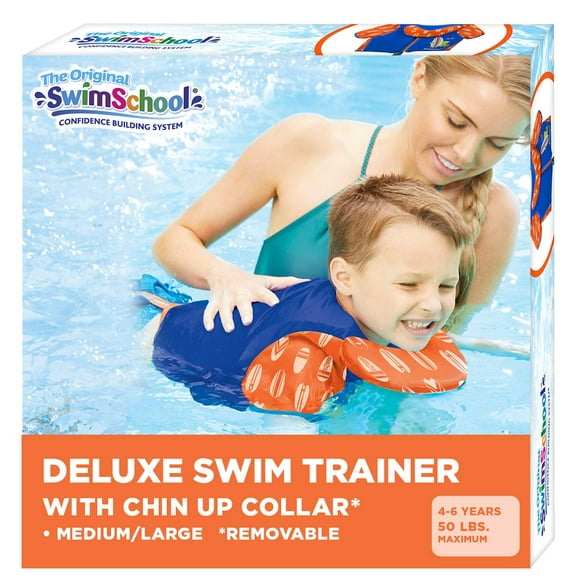 SwimSchool Swim Trainer - Medium/Large - Swim Vest with Shoulder Sleeves Adjustable Safety Strap and Removable Chin-Up Collar -Blue/Orange