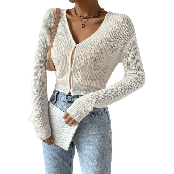Women's Open-Front Cropped Knit Cardigan, Long Sleeve Lightweight Sweater
