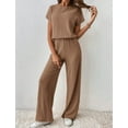 thumbnail image 3 of Women's Casual Loose Solid Ribbed Crewneck Short Sleeve Long Romper Stretchy Wide Leg Jumpsuits, 3 of 8