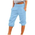thumbnail image 2 of up to 60% off Gifts Usmixi Cropped Trousers for Women Casual Solid Cotton Linen 3/4 Pants Summer Elastic Waist Straight Pants with Pocket Blue m, 2 of 7