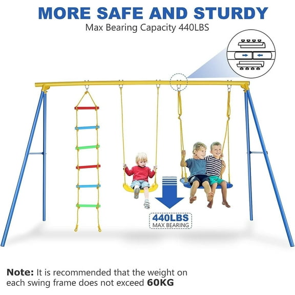 Veeboto 3 in 1 Swing Set, Heavy Duty Frame Swing Set for Outdoor/Backyard, Weight Capacity 440 lbs Adjustable Playground with Bird's Nest Seat, Climbing Ladder