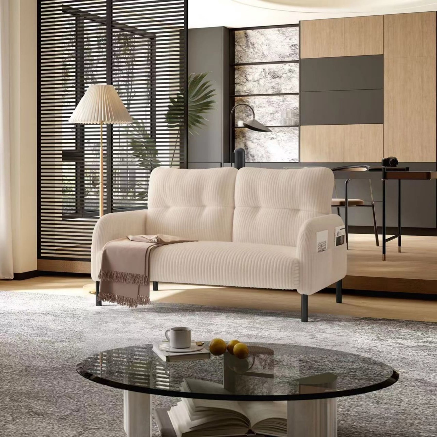 Corduroy Loveseat Sofa, Modern Upholstered Double Sofa Couch with Side Pockets for Living Room Bedroom Apartment, Beige