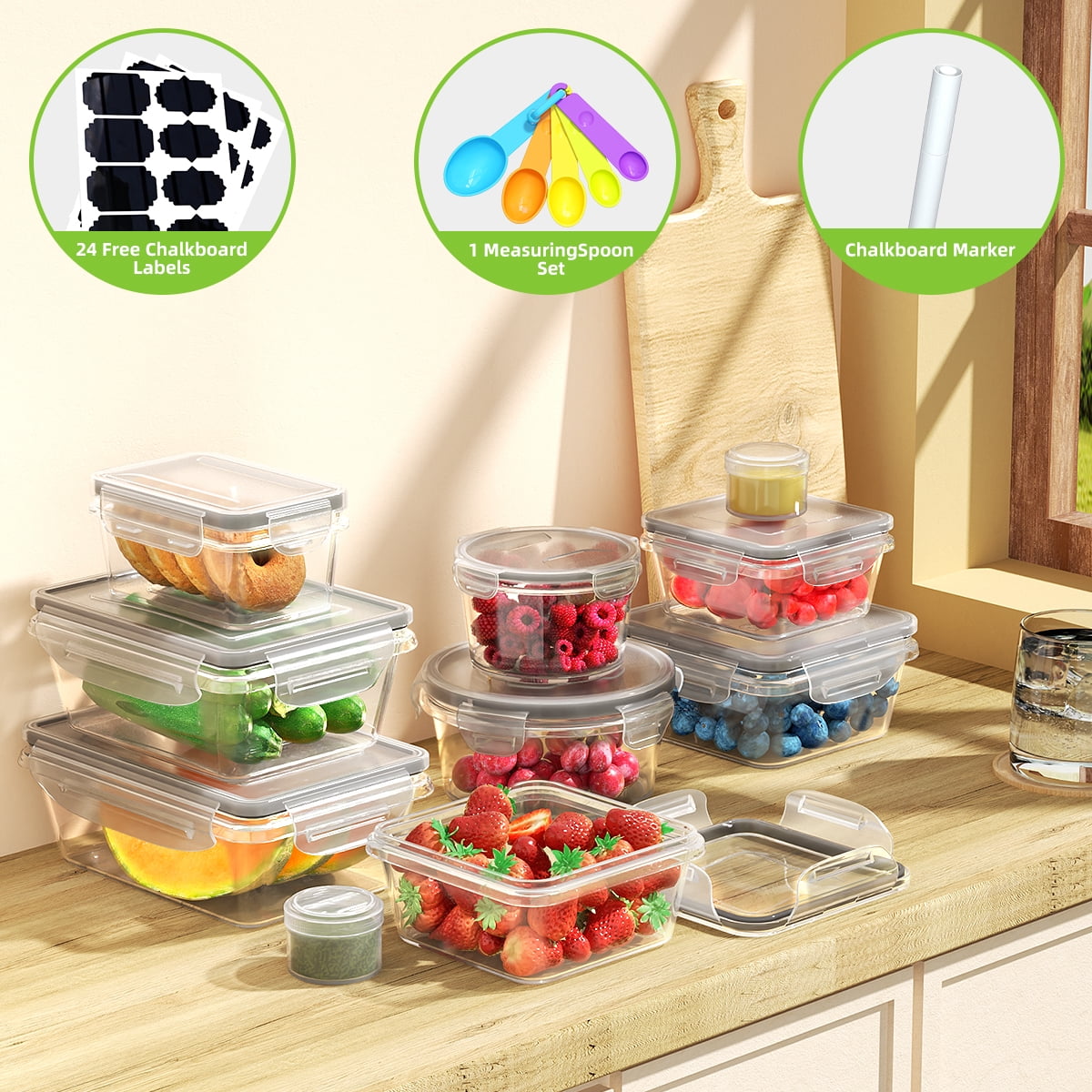 GPED 48 Pcs Food Storage Containers Set with Lids - BPA-Free Airtight Plastic Containers for Pantry & Kitchen Organization, Lunch Containers with Free Labels & Marker (24 Lids + 24 Containers)