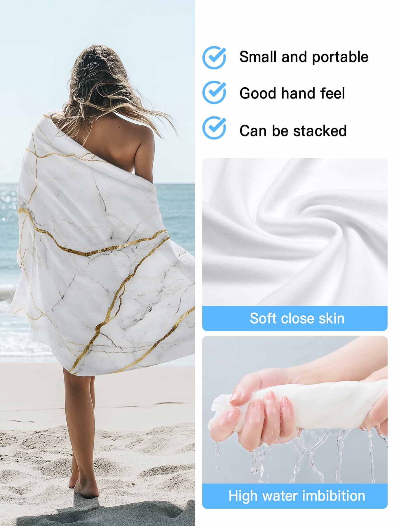 Gray White Gold Marble Texture Beach Towels Blanket Soft & Absorbent Quick Dry Microfiber Abstract Lines Pool Towels for Swimming ,Yoga, Sports, Gym, Camping,Large 30X60in,