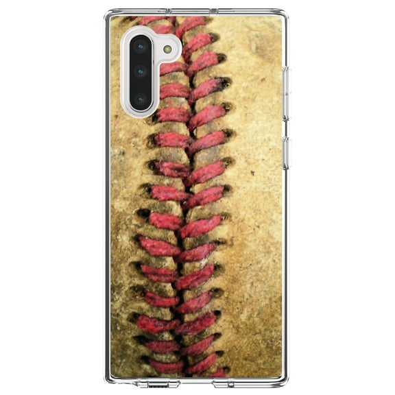 DistinctInk Clear Shockproof Hybrid Case for Samsung Galaxy Note 10 (6.3" Screen) - TPU Bumper, Acrylic Back, Tempered Glass Screen Protector - Old Baseball Stitch - Baseball