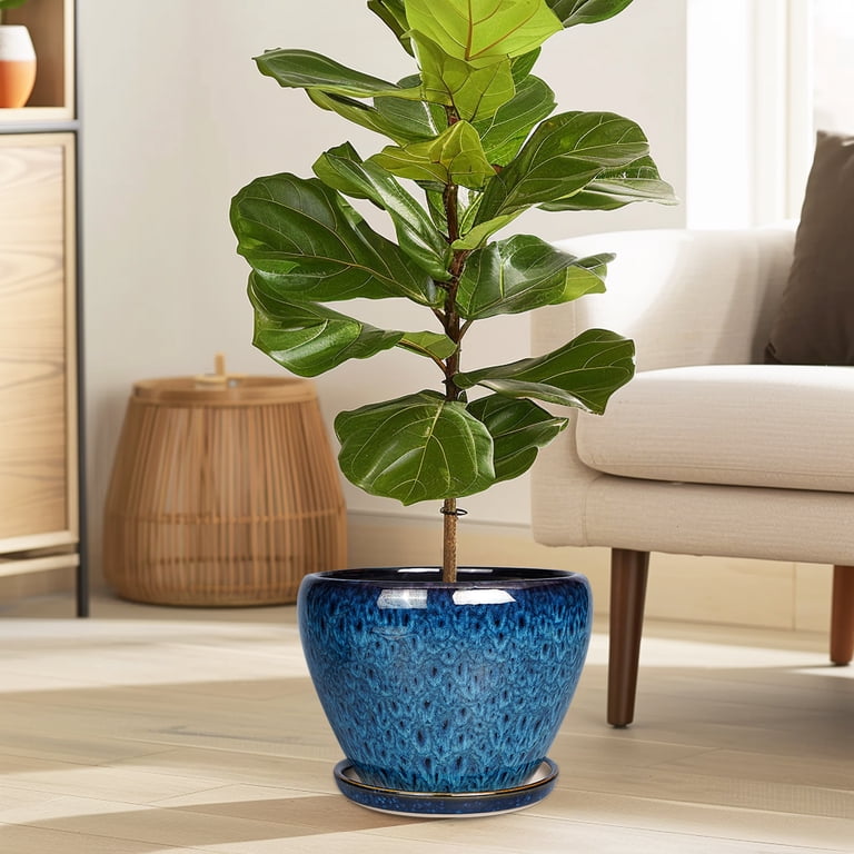 Ceramic Planter with Saucer in Peacock Blue Reactive Glaze photo 7