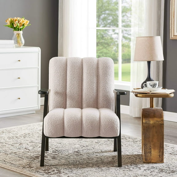 VJIAIEO Rella Modern Teddy Sherpa Accent Chair with Espresso Wood Frame
