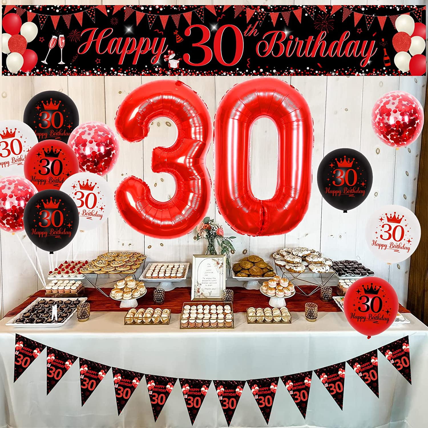 30th Birthday Decorations Red and Black for Men Women, 30 Birthday Party Supplies with Happy 30th Birthday Yard Banner 9.8 x 1.6ft Confetti Foil Balloons Triangle Flag for 30th Birthday Party Decor