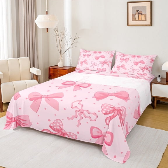 Erosebridal Cute Bowknot Twin Sheet Sets,Ribbon Bowtie Bedding Twin Size,Pink Dot Bed Sheets Set Twin Size For Girls,Ultra Soft Bedroom Decoration,3 Pieces