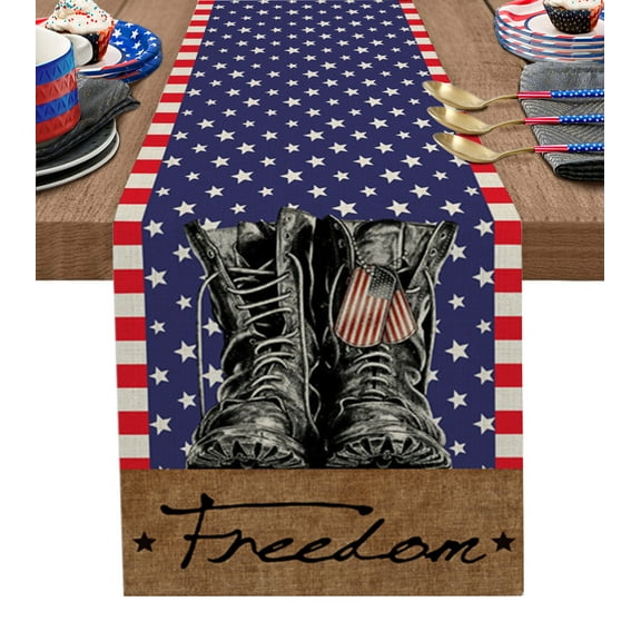 Table Runner Dresser Scarves 70 Inch Long, USA Flag Day Star Boot on Navy Blue Linen Dining Table Runners Freedom Red Stripe on Linen Tabletop Scarf for Wedding Holiday Party Kitchen