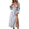 thumbnail image 1 of Faithtur Robe Longue pour Femmes, Robe à Manches Longues Col Carré à Nouer Robe Florale Fendue Robe d'Automne, 1 of 5