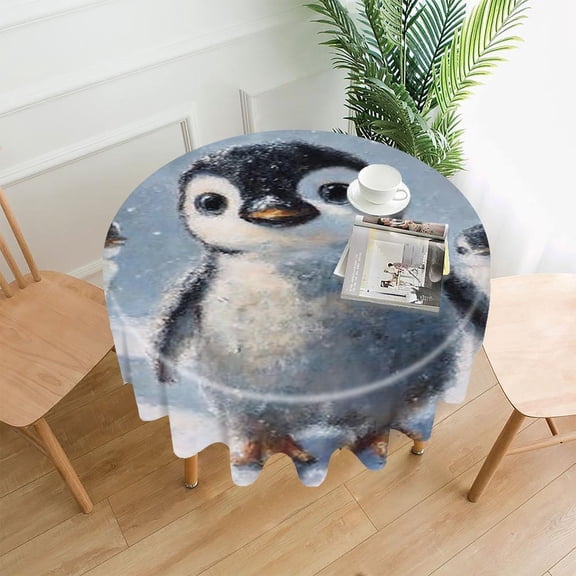 RKSupls 60 Inch Round Tablecloth, Penguin Snow Winter Premium Polyester Straight Edge Wrinkle Resistant Washable Table Cover for Party Home Dining Decor