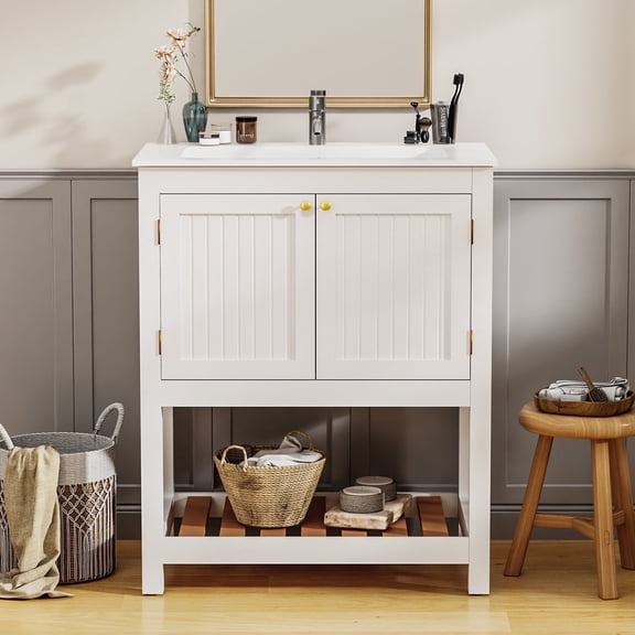 KZElegy 30" Bathroom Cabinets Freestanding Vanity with Ceramic Sink Farmhouse Bathroom Vanity Cabinet with Double-Layer Storage and Open Shelf,White