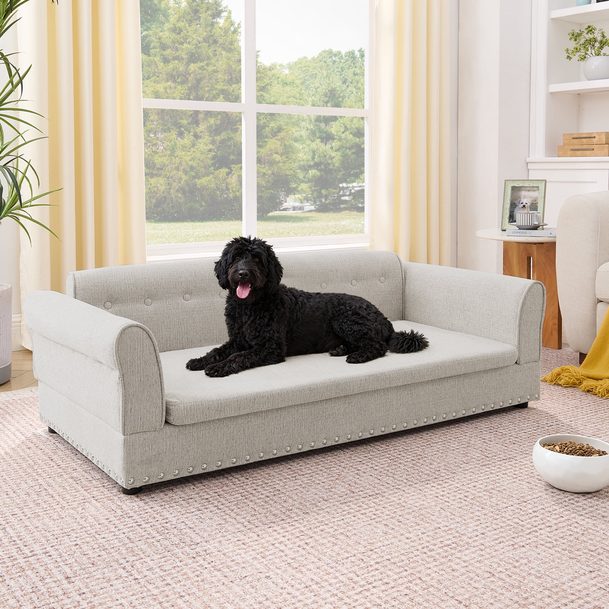 Oversized Pet Sofa, Elegant Modern Linen Fabric Elevated Dog Sofa Bed, Comfortable Oversized Rectangular Pet Bed with Backrest & Armrest for Large & Oversized Dogs, Beige