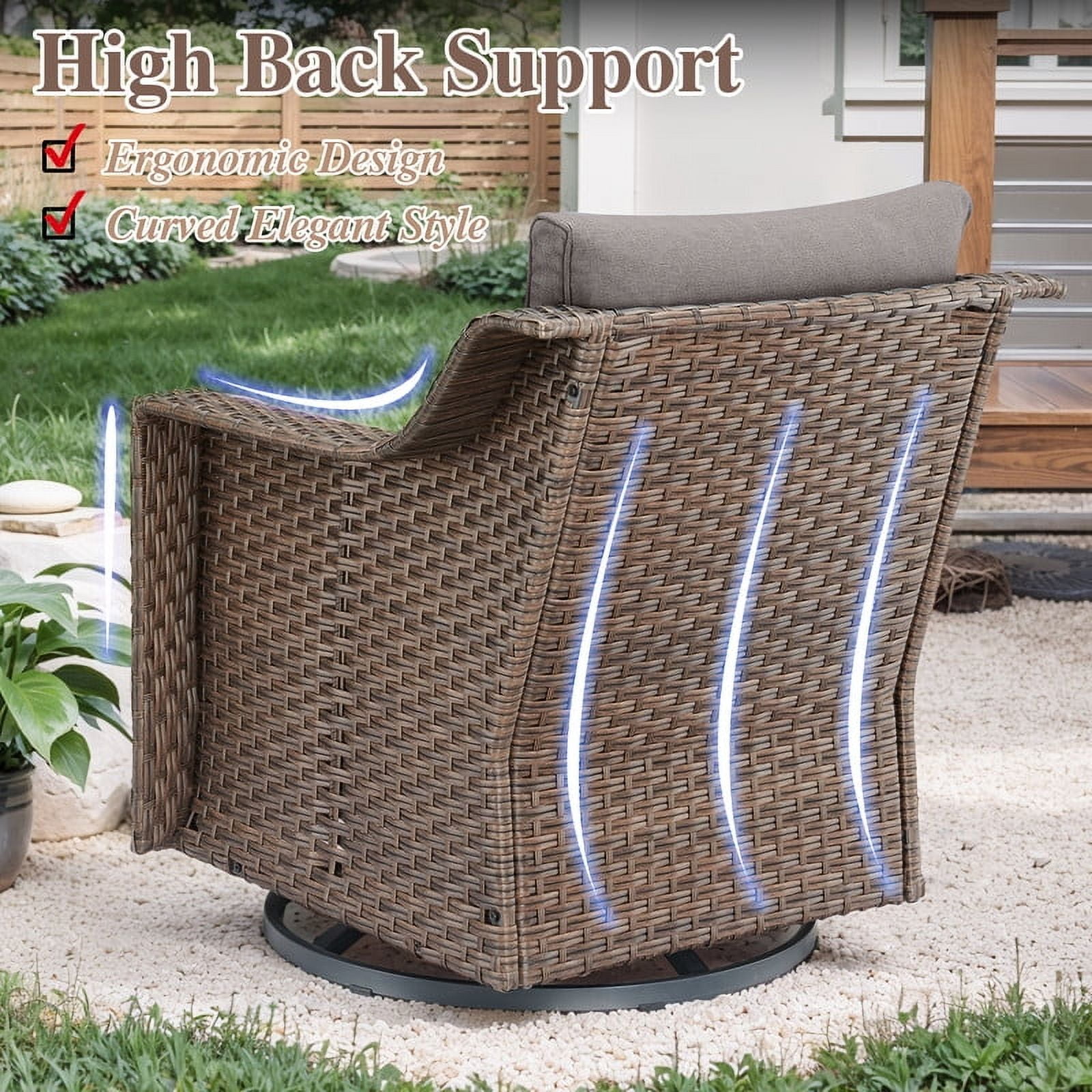 PARKWELL 5 Pieces Outdoor Patio Furniture Set 7-Seat High Back Wicker Conversation Set with Swivel Glider Chairs and Ottomans for Balcony Yard,Brown Wicker Gray Cushion
