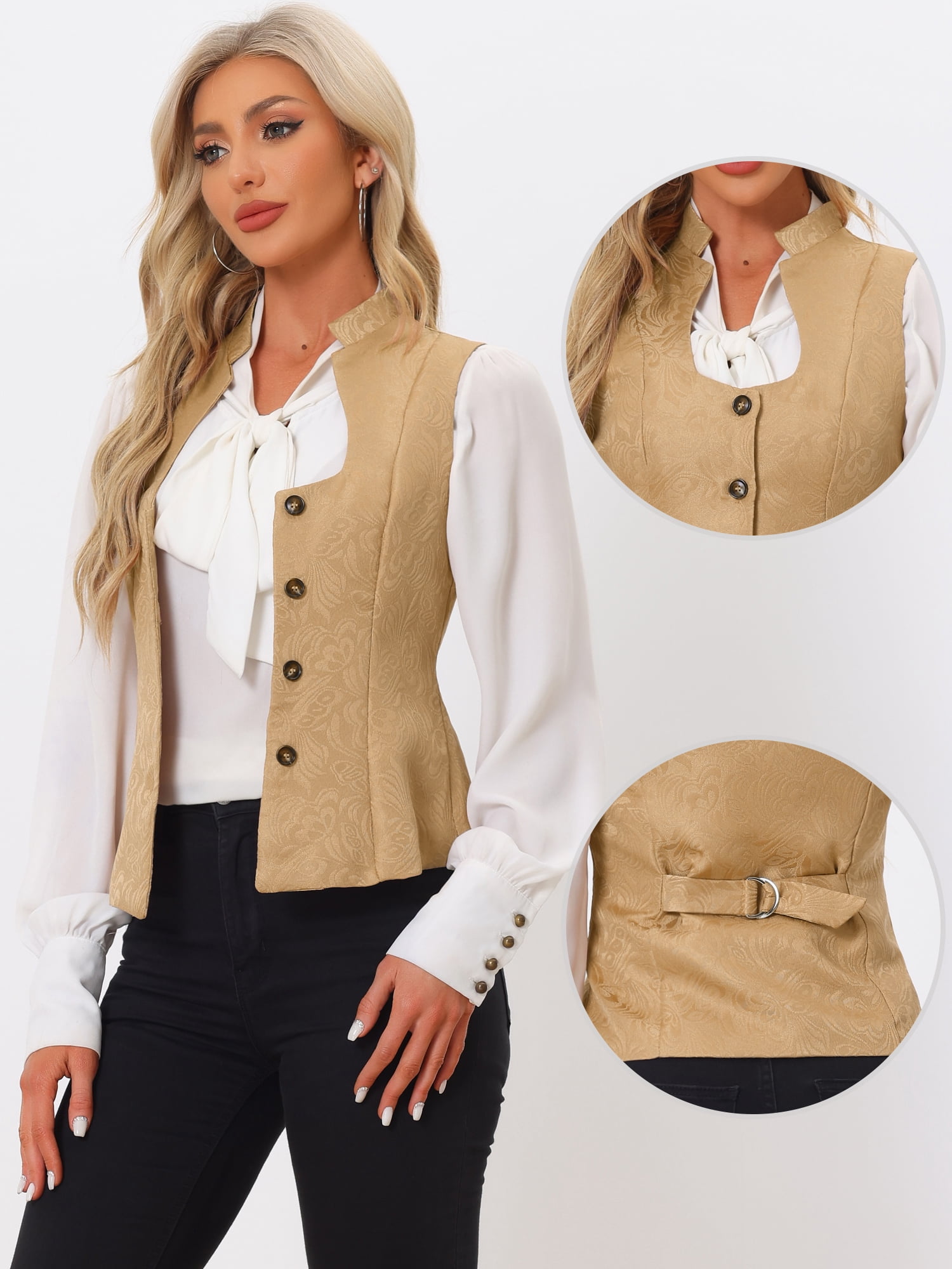 DARING DIVA Women's U Neck Jacquard Single Breasted Floral Gothic Waistcoat M Khaki