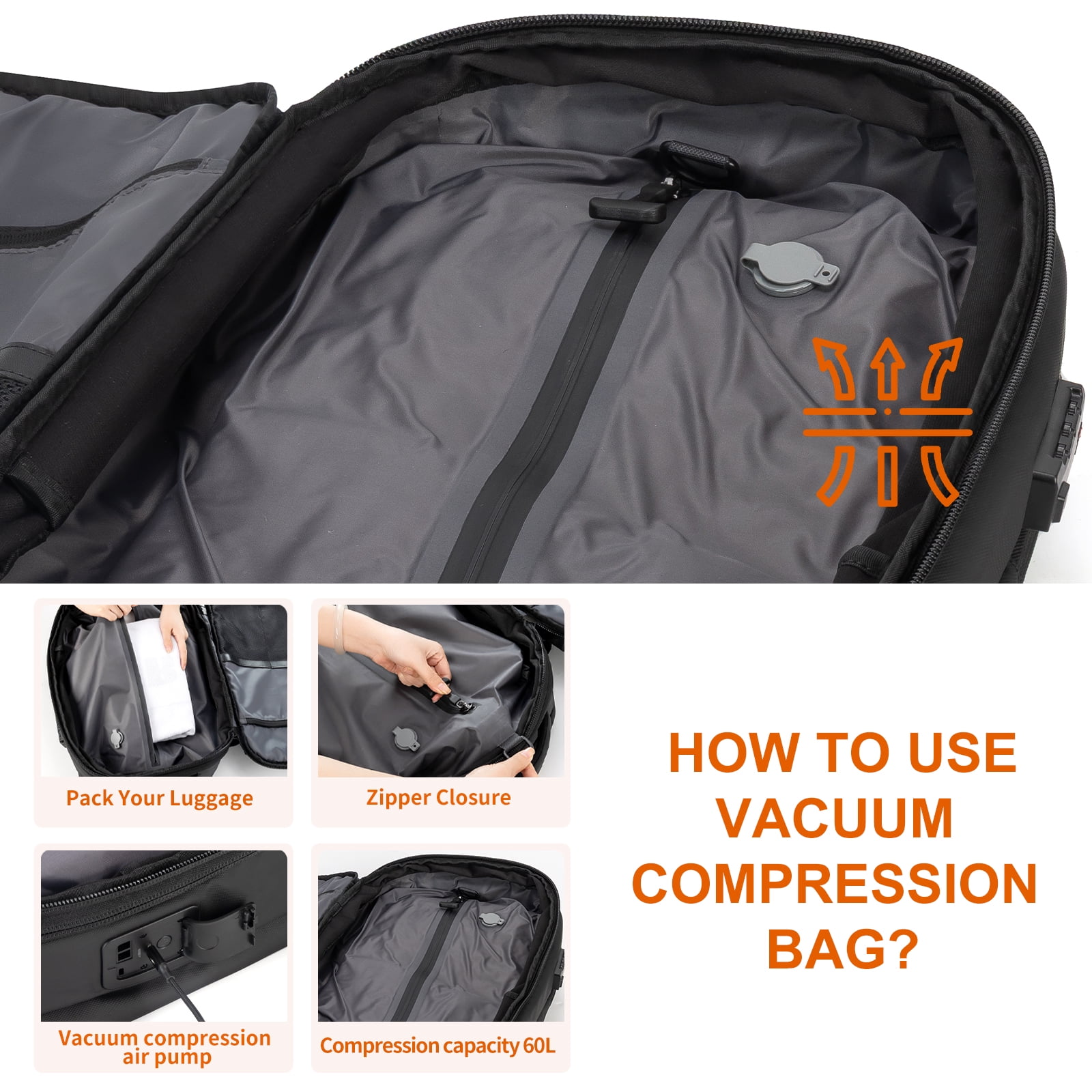 Vacuum Backpack Travel with Built-in Pump 80L Expandable Travel Backpack with Vacuum System, TSA Lock Water Resistant Carry-On Backpack