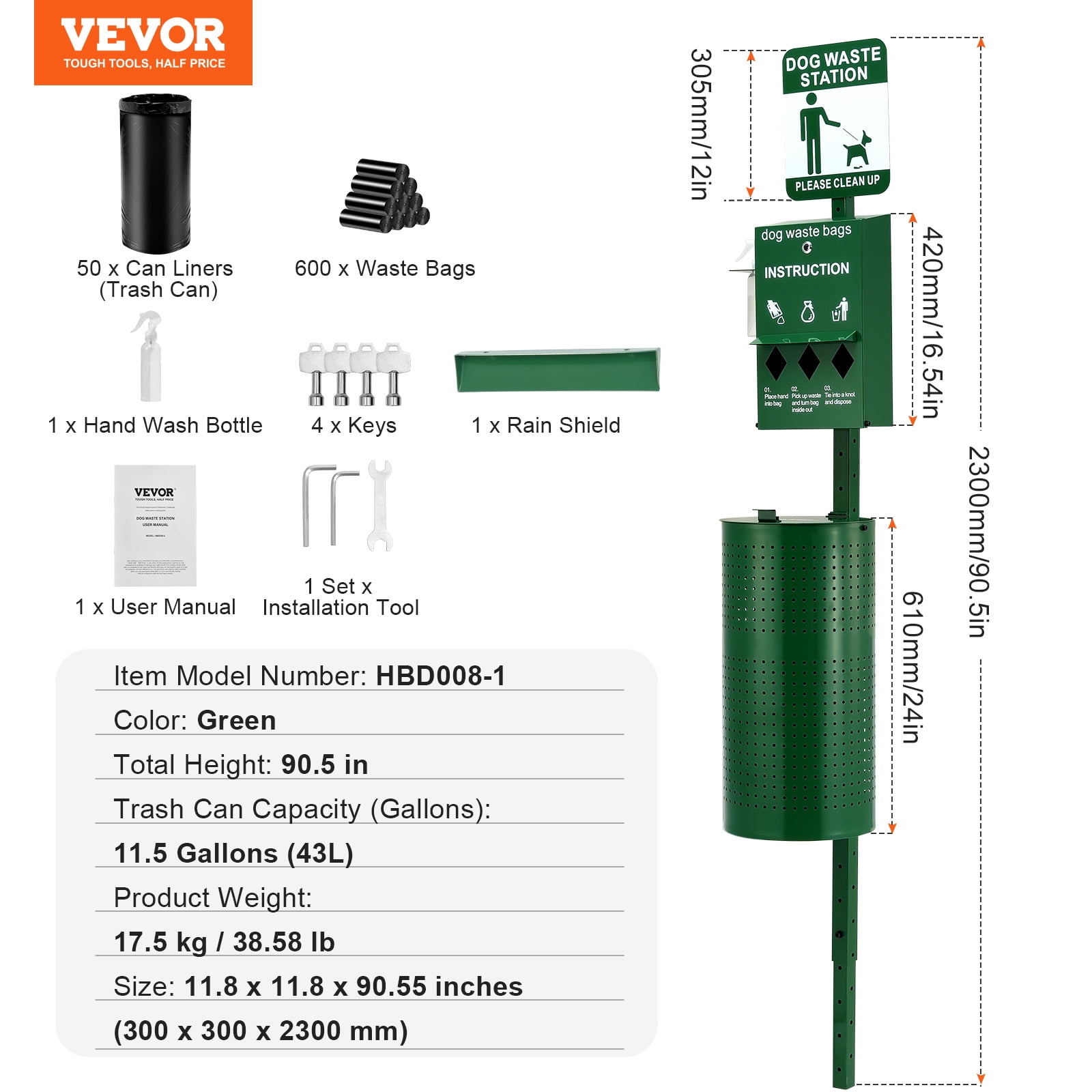VEVOR Dog Waste Station with Hand Wash Bottle, Commercial Dog Poop Station, 11.5 Gallons Pet Waste Bin with 50 Can Liners, Bag Dispenser & 600 Waste Bags, Outdoor Dog Waste Disposal System