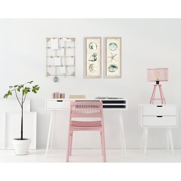 Gango Home Decor Beautiful Spa Shells, Conch, Starfish, Sand Dollar & Unicorn Shell; Two 6x18in Art Prints in Distressed White Frames