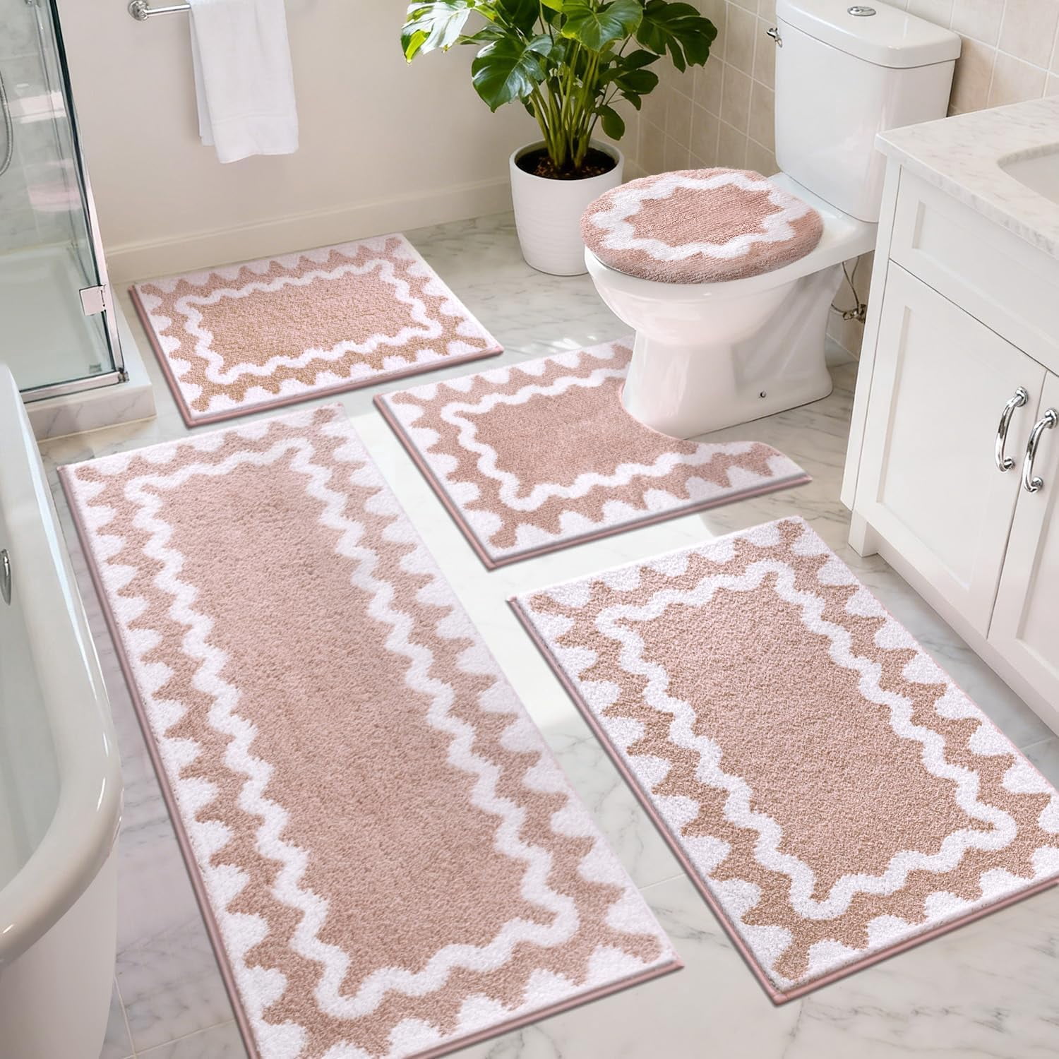 Bathroom Rugs Sets 5 Piece, Absorbent Soft Non-Slip Washable Microfiber Shaggy Bath Mat Set with Bathroom Runner Rug, U-Shaped Toilet Rugs, Shower Rug & Toilet Lid Cover, Navy-White