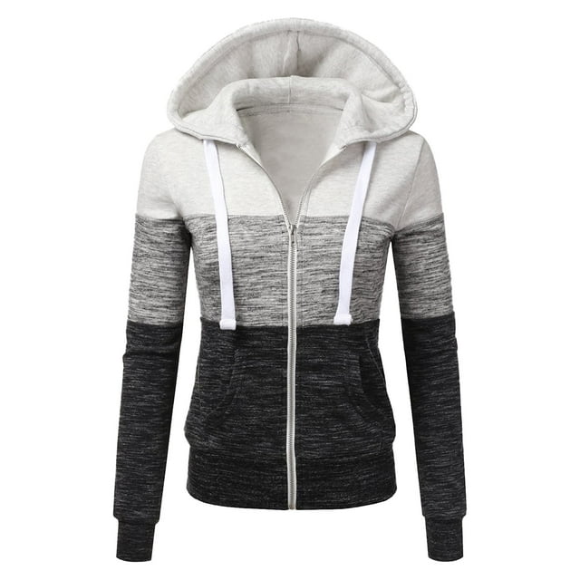 Kcodviy Women's Color Block Thick Junior Outerwear Sweatshirt Long Sleeve Zipper Mock Jacket Hooded Trendy Cardigan
