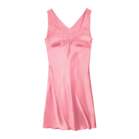 

kpoplk Lingerie For Women Women s Spaghetti Strap Lace Trim Button Satin Slip Dress Sleepwear Nightgowns(Watermelon Red)