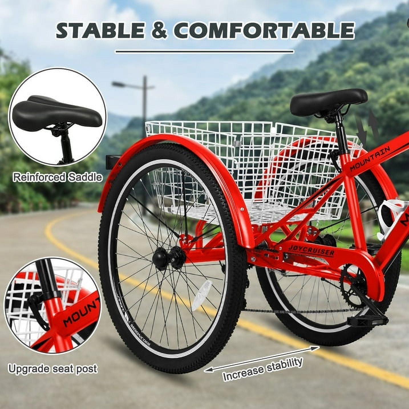 ABORON 24/26/27.5 Inch Adult Mountain Tricycle, 7 Speed Three Wheel MTB, Adults Trikes Cruiser Bikes with Shopping Basket & Accessories, Exercise Men's Women's Tricycles