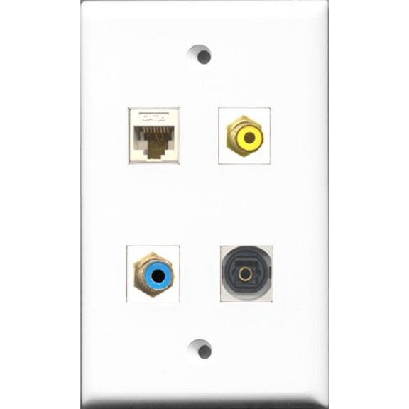 RiteAV 1 Port RCA Yellow and 1 Port RCA Blue and 1 Port Toslink and 1 Port Cat6 Ethernet White Wall Plate