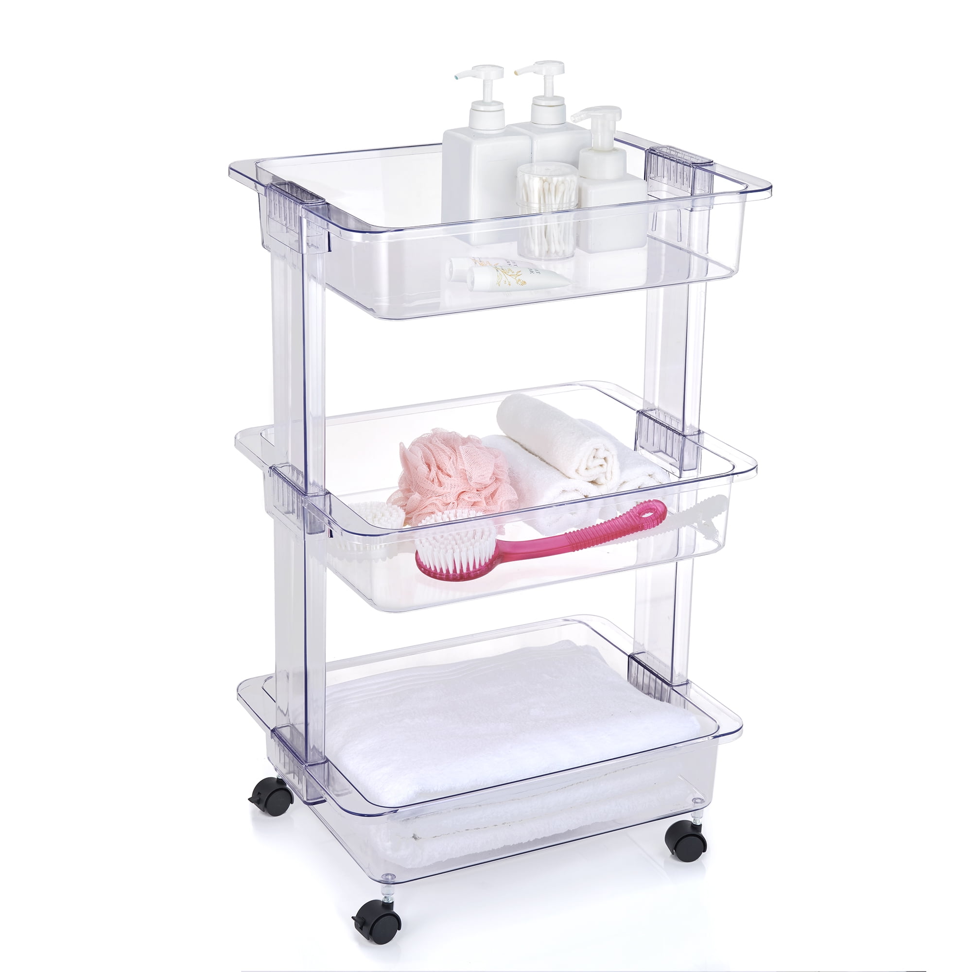 (4 pack) Mainstays 3 Tier Plastic Clear Laundry Storage Cart, Adult